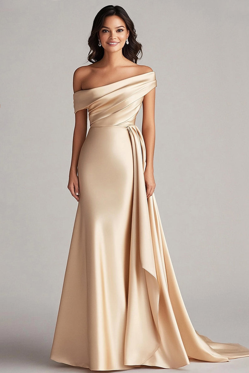 Load image into Gallery viewer, One Shoulder Pleated Champagne Sheath Long Formal Dress