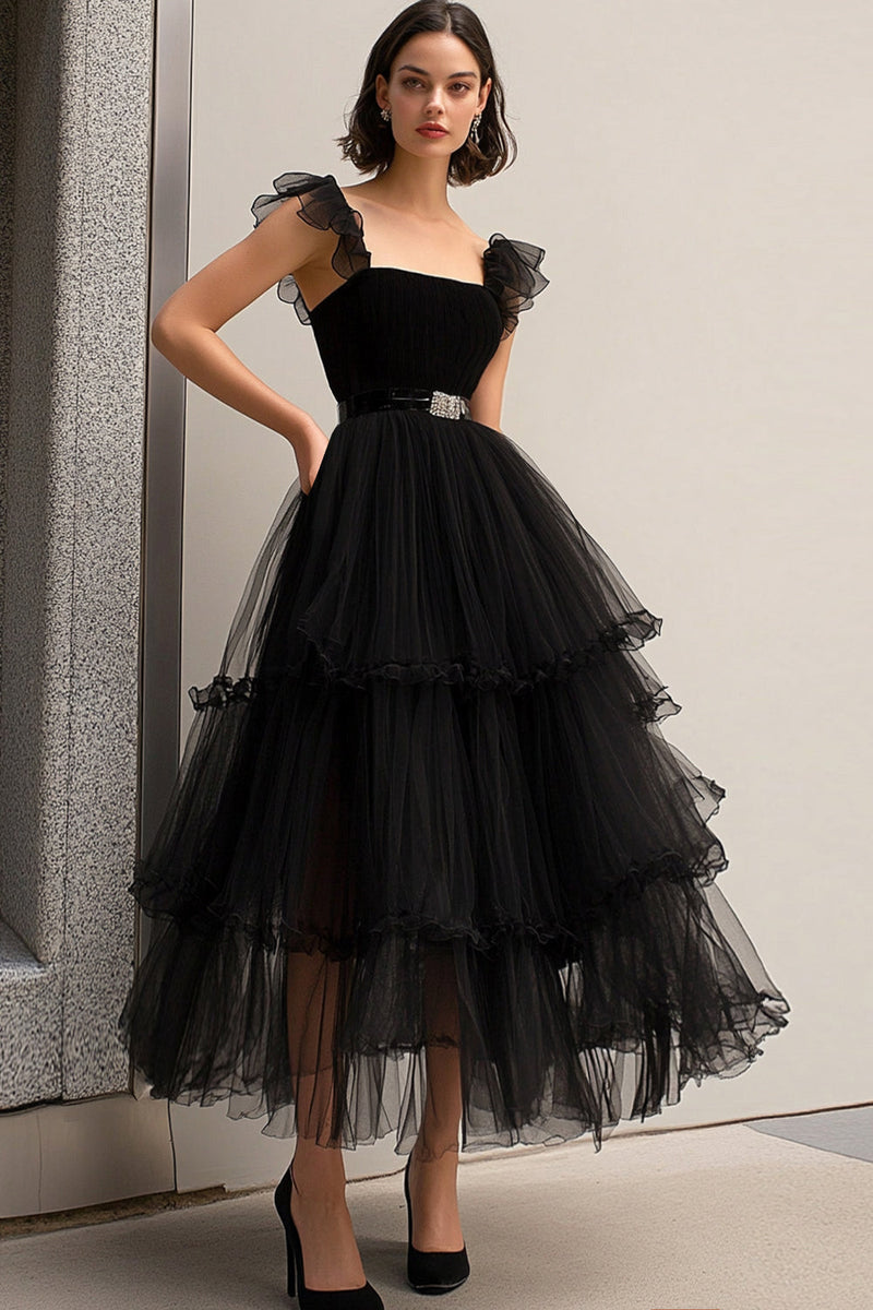 Load image into Gallery viewer, Black Tulle Spaghetti Straps A Line Formal Dress