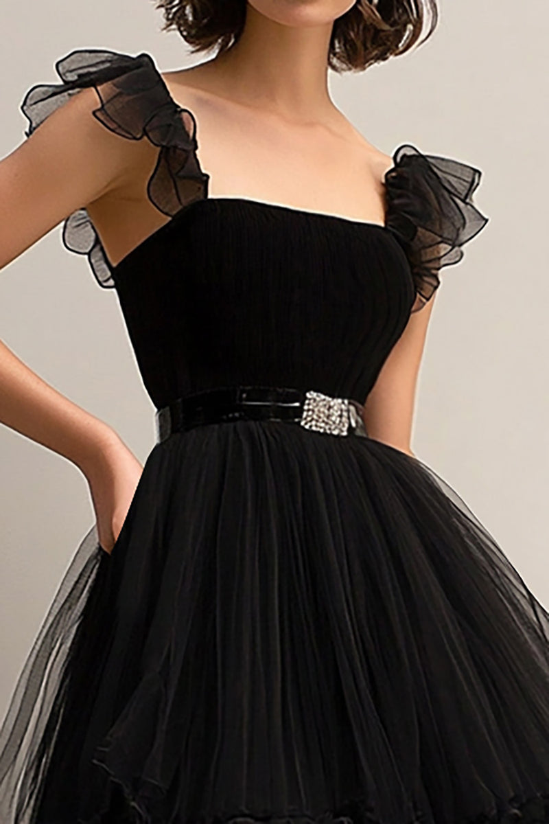 Load image into Gallery viewer, Black Tulle Spaghetti Straps A Line Formal Dress