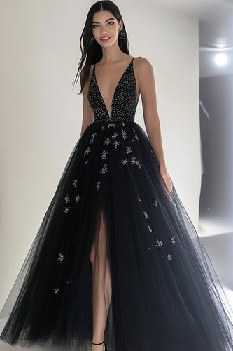 Black V Neck Princess Tulle Long Prom Dress with Beading