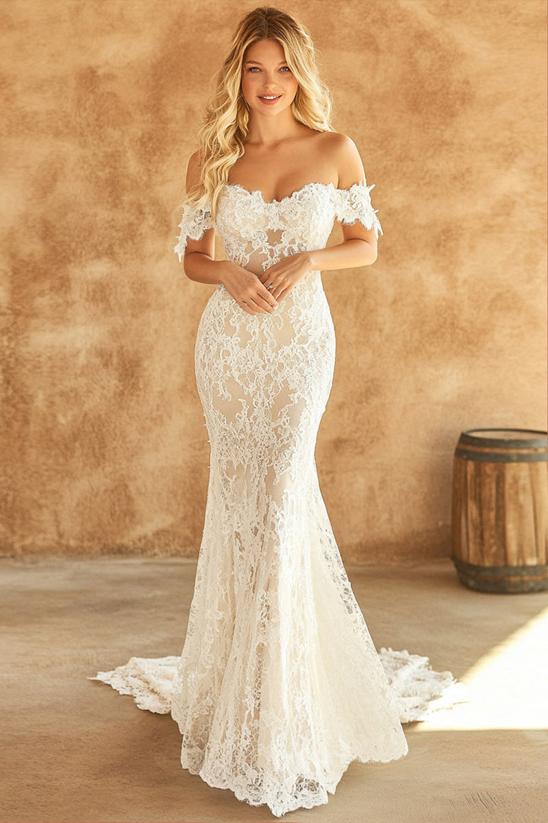 Load image into Gallery viewer, White Mermaid Off the Shoulder Lace Long Wedding Dress