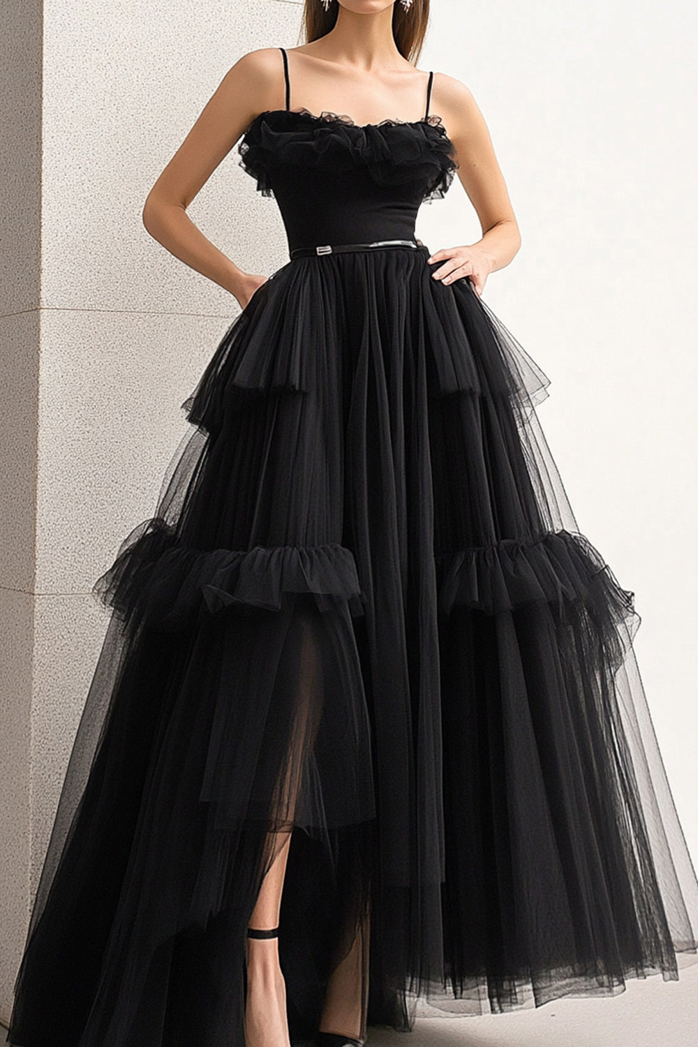 Black A Line Spaghetti Straps Ruffles Tulle Long Prom Dress