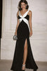 Load image into Gallery viewer, Black Mermaid V-neck Satin Long Military Ball Dress with Slit