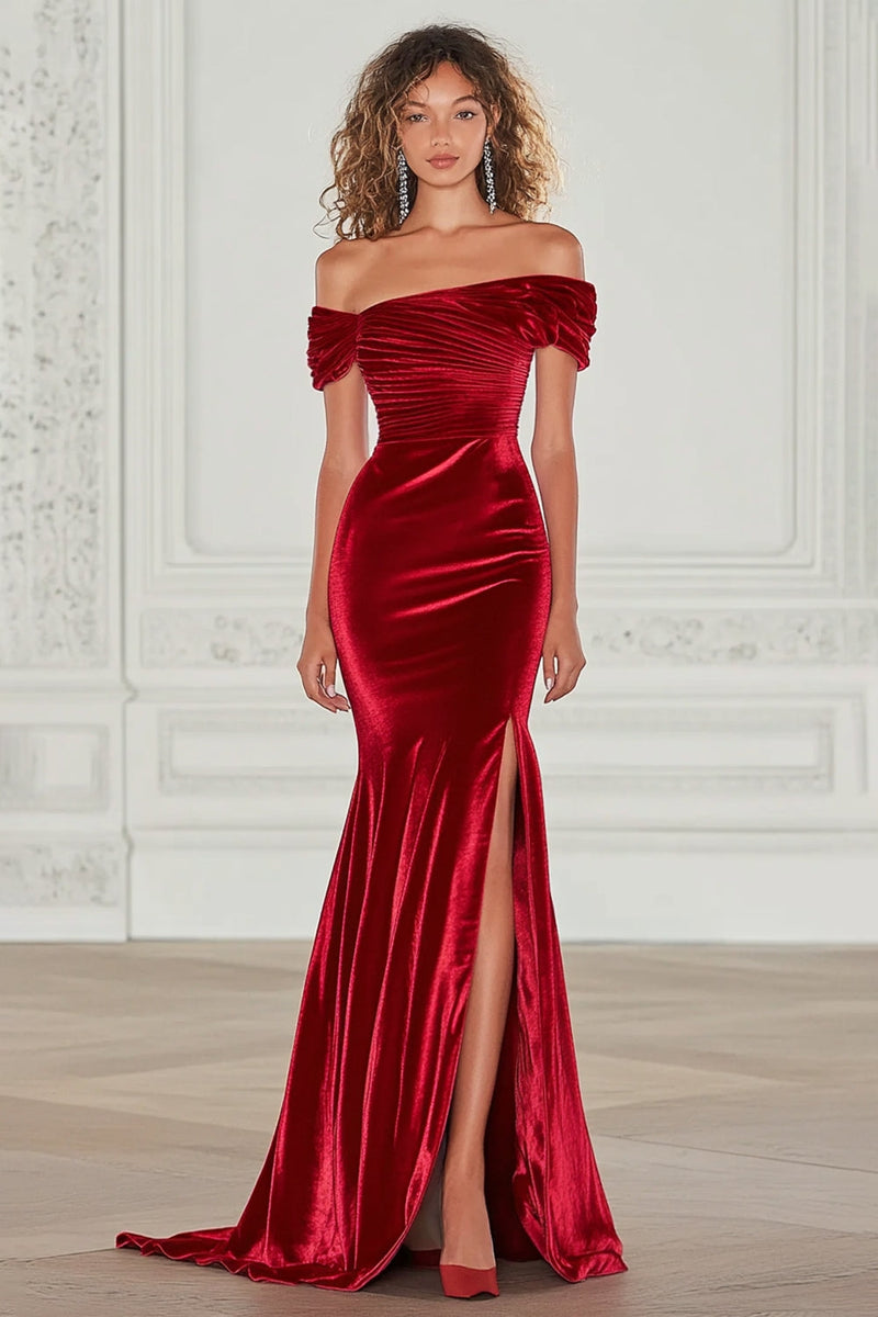 Load image into Gallery viewer, Burgundy Off the Shoulder Mermaid Velvet Military Ball Dress with Slit