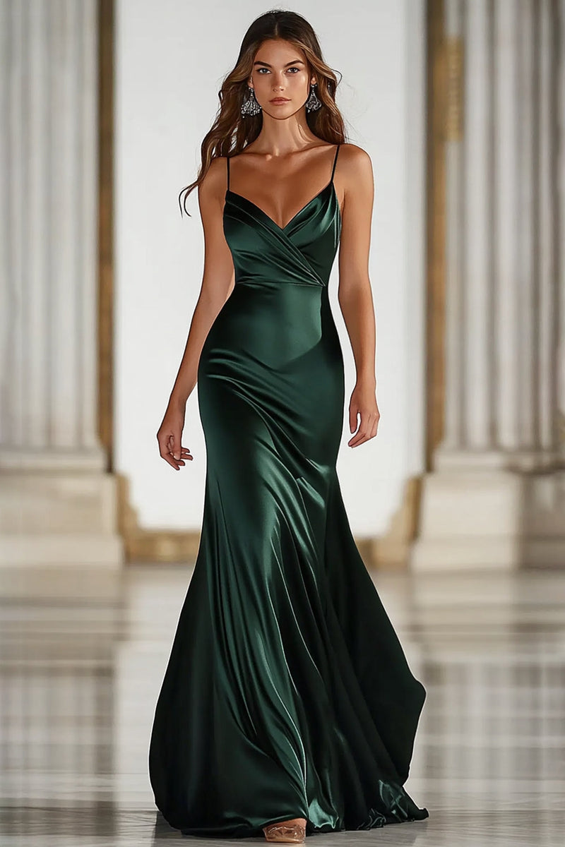 Load image into Gallery viewer, Dark Green Spaghetti Straps Mermaid Satin Long Military Ball Dress