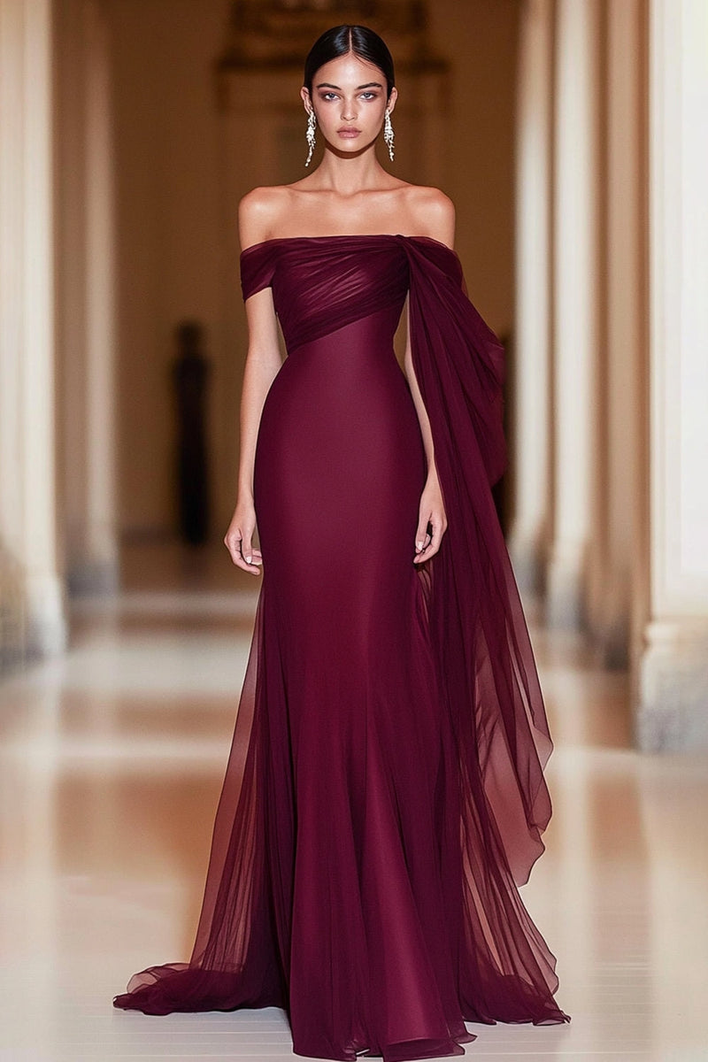 Load image into Gallery viewer, Cabernet Off the Shoulder Mermaid Tulle Long Military Ball Dress