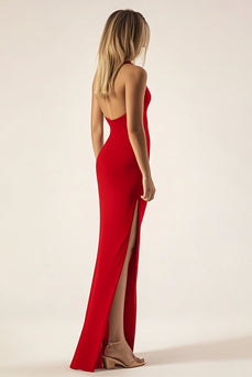 Red One Shoulder Mermaid Satin Long Military Ball Dress with Slit