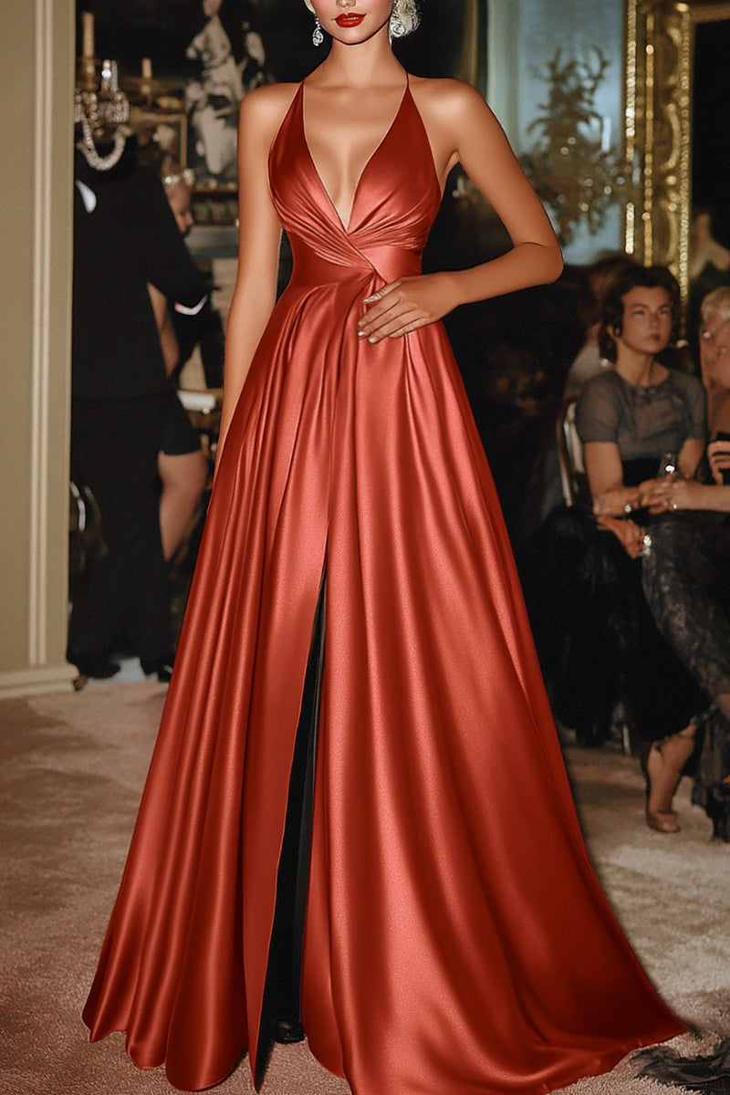 Load image into Gallery viewer, Terracotta Spaghetti Straps A-Line Satin Long Military Ball Dress with Slit