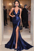 Load image into Gallery viewer, Navy Mermaid Ruched V Neck Gala Dress with Slit