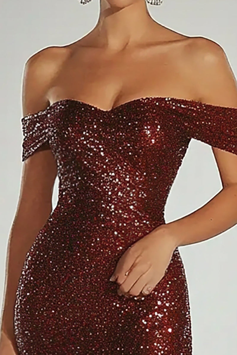 Load image into Gallery viewer, Sparkly Burgundy Off the Shoulder Sheath Gala Dress with Back Zipper