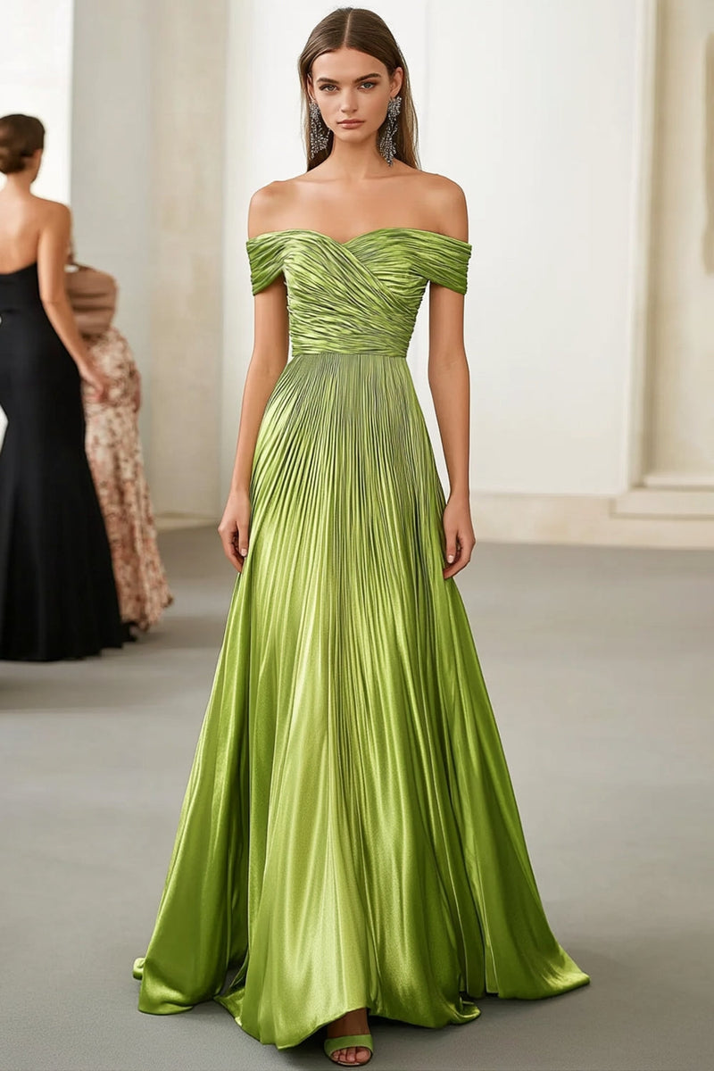 Load image into Gallery viewer, Metallic Satin Off the Shoulder Green A Line Pleated Military Ball Dress