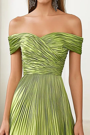 Metallic Satin Off the Shoulder Green A Line Pleated Military Ball Dress