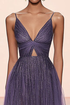 Grey Purple A Line Pleated V Neck Tulle Gala Dress