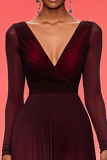 Elegant Ruched A Line V Neck Burgundy Military Ball Dress with Long Sleeves