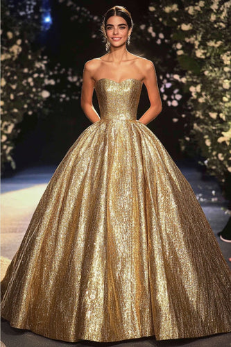 A Line Metallic Satin Gold Strapless Red Carpet Dress