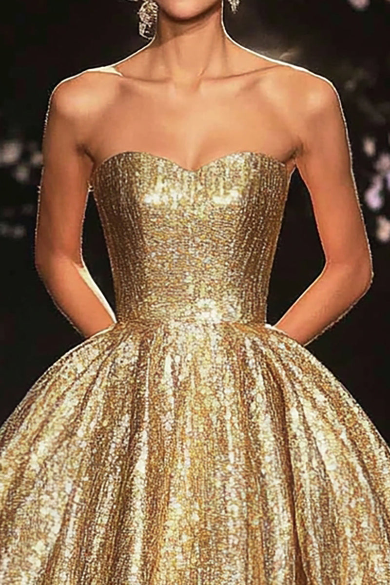 Load image into Gallery viewer, A Line Metallic Satin Gold Strapless Red Carpet Dress