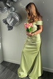 Metallic Satin Green Off The Shoulder Sheath Red Carpet Dress