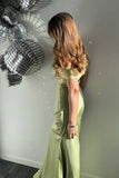 Metallic Satin Green Off The Shoulder Sheath Red Carpet Dress
