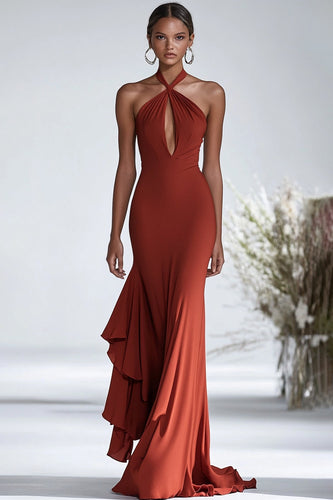 Halter Terracotta Chiffon Ruffles Sheath Red Gala Dress