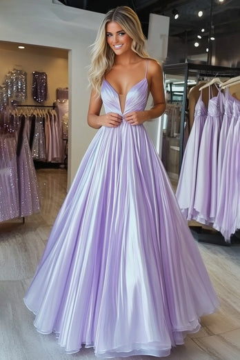 A Line Light Purple Spaghetti Straps Pleated Prom Dress