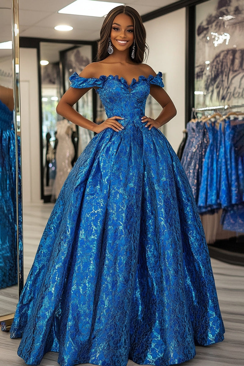 Load image into Gallery viewer, Off The Shoulder Ball Gown Royal Blue Corset Prom Dress