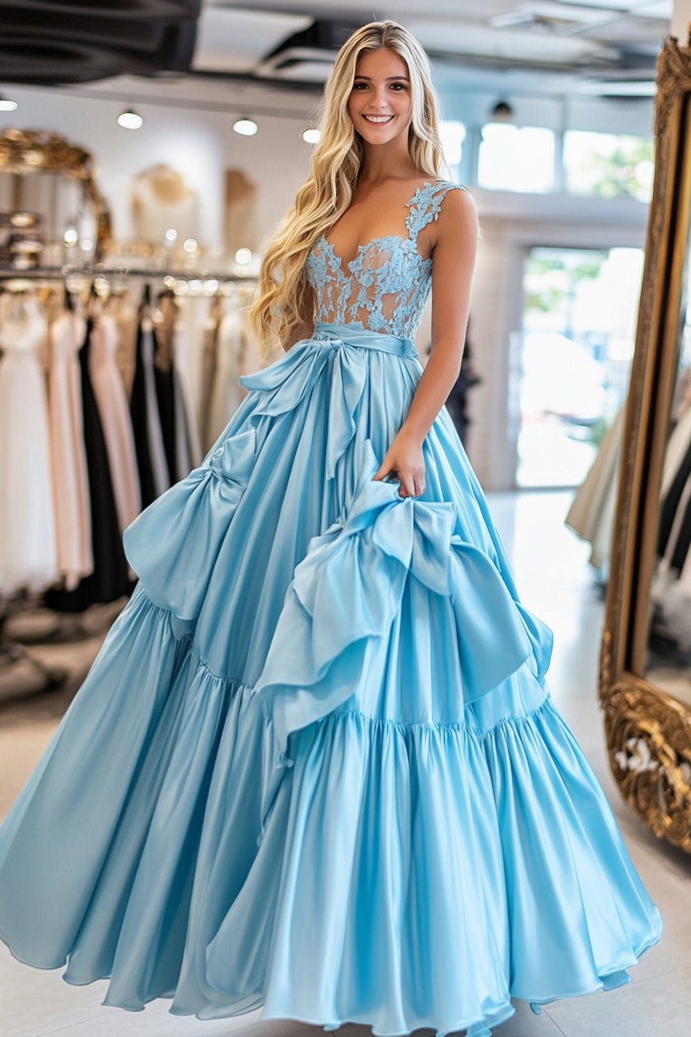 Queen Anne Sky Blue Ball Gown Sleeveless Long Prom Dress