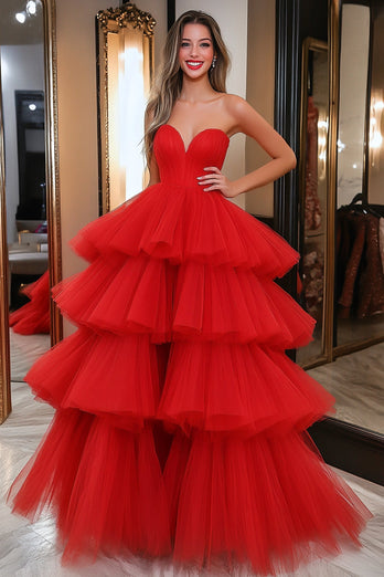 A Line Tiered Red Sweetheat Sleeveless Tulle Long Prom Dress