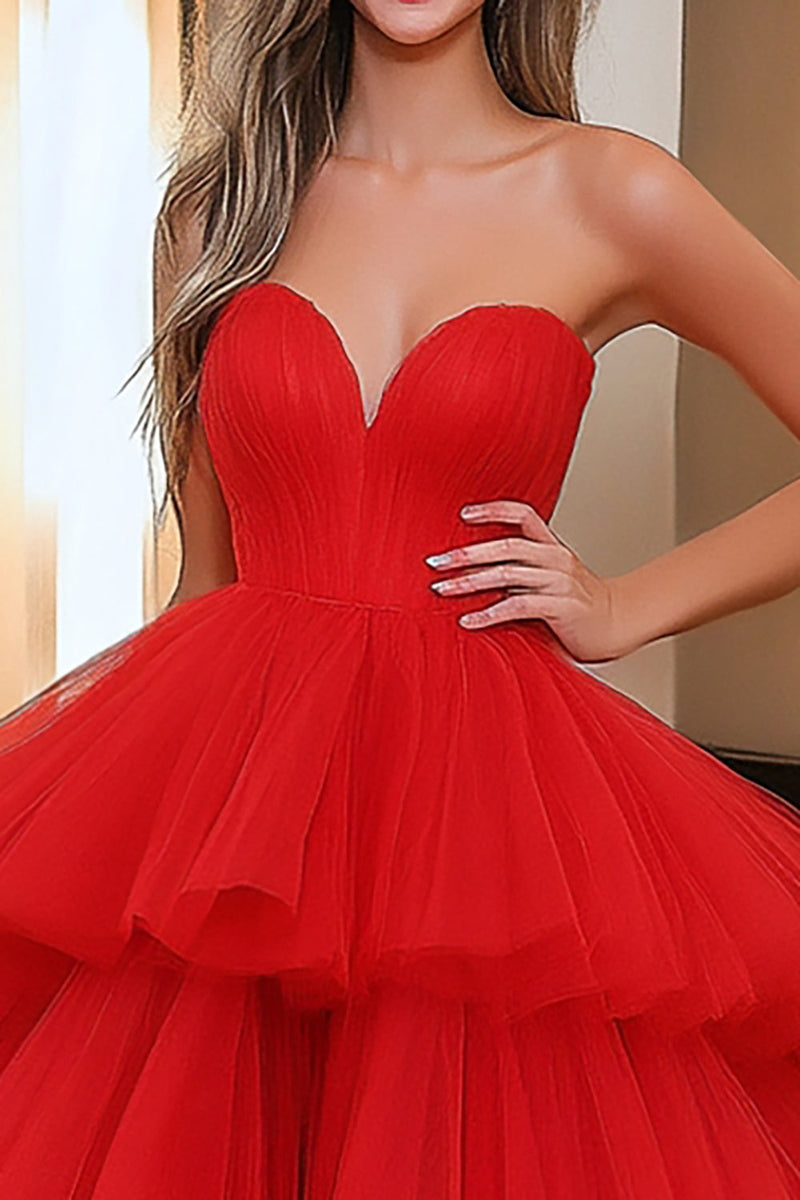 Load image into Gallery viewer, A Line Tiered Red Sweetheat Sleeveless Tulle Long Prom Dress