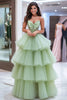 Load image into Gallery viewer, Dusty Sage A Line Tiered Sweetheat Sleeveless Tulle Long Prom Dress