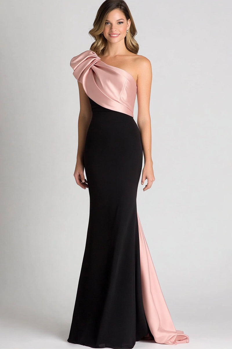 Load image into Gallery viewer, Elegant Black&amp;Blush Ruched One Shoulder Sheath Satin Gala Dress