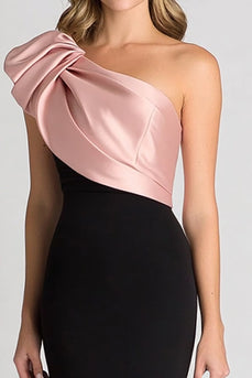 Elegant Black&Blush Ruched One Shoulder Sheath Satin Gala Dress