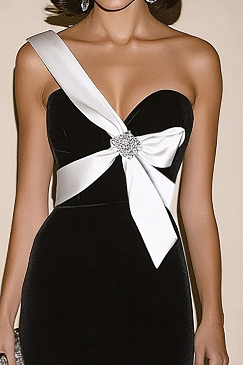 Load image into Gallery viewer, Black Satin One Shoulder Sheath Military Ball Dress with Slit