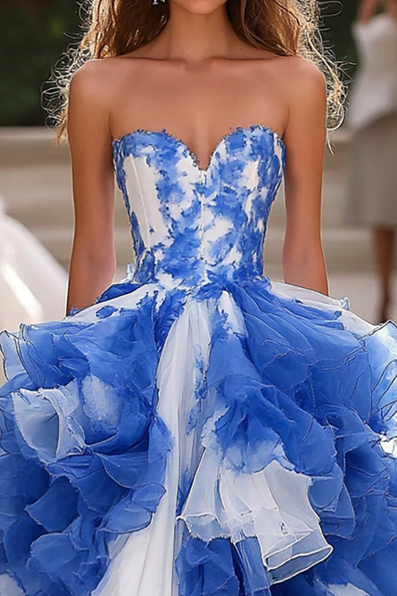 Load image into Gallery viewer, Ball Gown Blue&amp;White Ruffles Corset Sleeveless Long Prom Dress