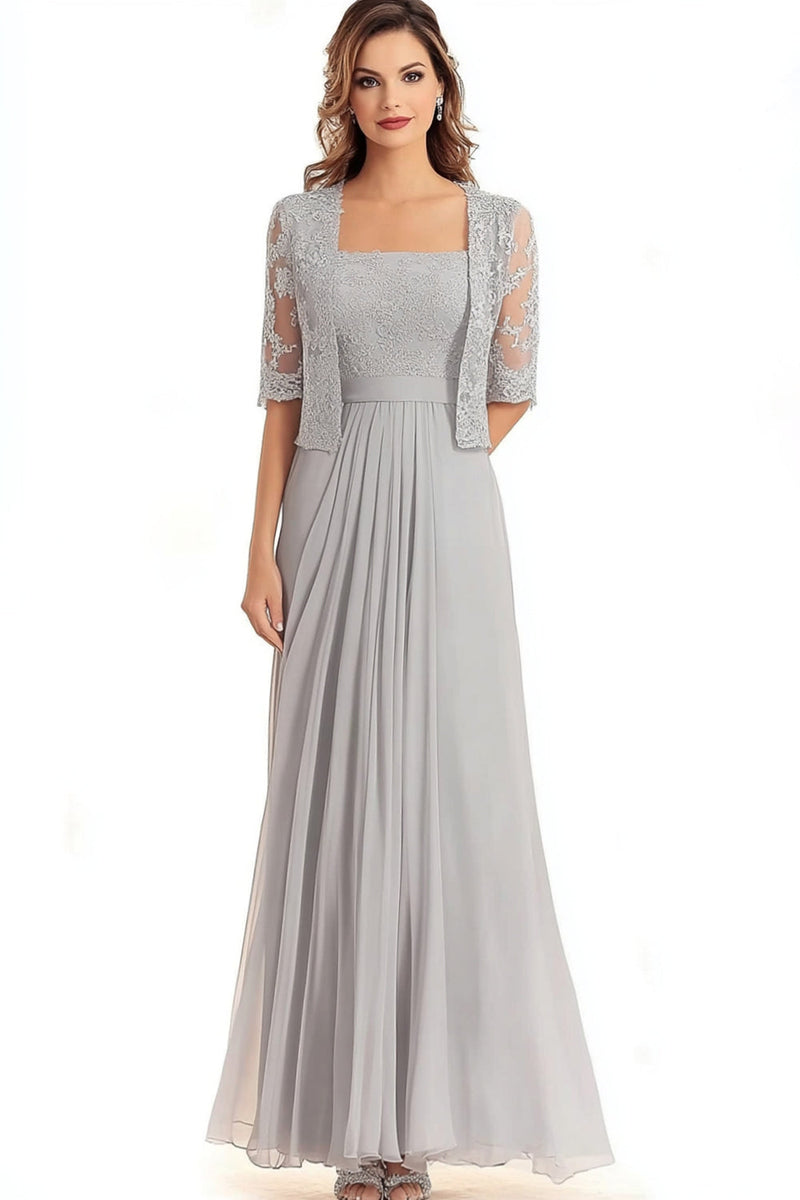 Load image into Gallery viewer, Lace Appliques Silver Square Neck 2-piece Half Sleeves Mother of the Bride Dress