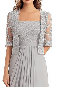 Lace Appliques Silver Square Neck 2-piece Half Sleeves Mother of the Bride Dress