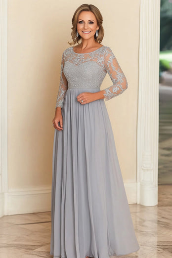 Silver A Line Scoop Chiffon Mother Of the Bride Long Dress with Lace Appliques