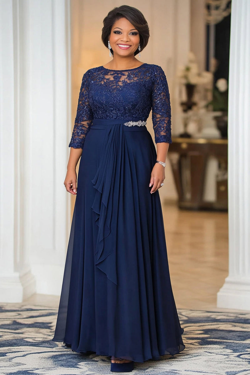 Load image into Gallery viewer, Elegant Navy A Line Boat Neck Chiffon Long Mother Of the Bride Dress with Lace Appliques