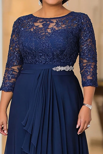 Elegant Navy A Line Boat Neck Chiffon Long Mother Of the Bride Dress with Lace Appliques