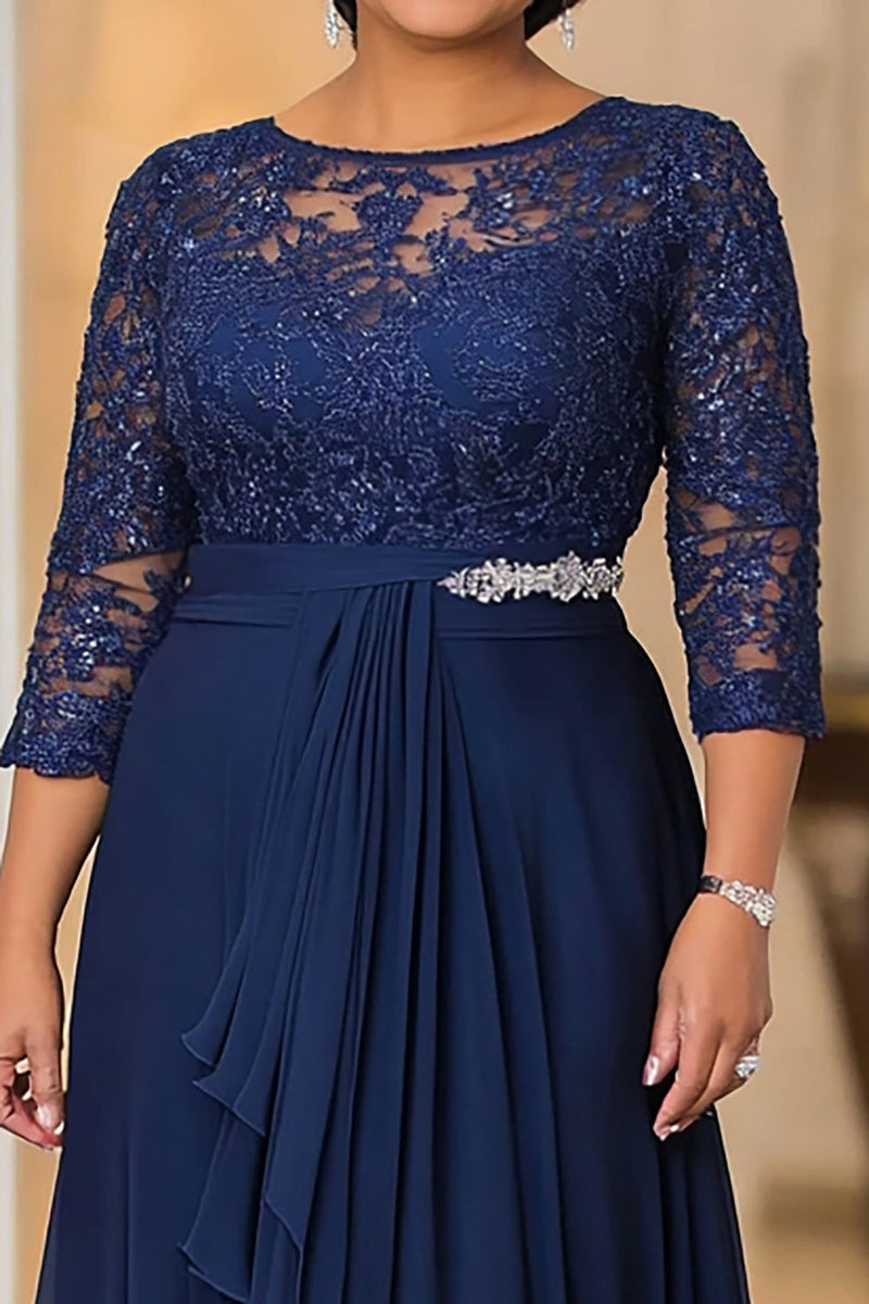 Load image into Gallery viewer, Elegant Navy A Line Boat Neck Chiffon Long Mother Of the Bride Dress with Lace Appliques