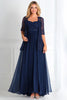 Load image into Gallery viewer, Elegant Navy A Line Boat Neck Chiffon Lace Applique Long Mother Of the Bride Dress with 3/4 Sleeves