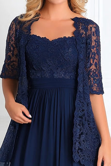 Elegant Navy A Line Boat Neck Chiffon Lace Applique Long Mother Of the Bride Dress with 3/4 Sleeves