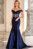 Elegant Navy Off the Shoulder Mermaid Satin Long Formal Dress with Embroidery