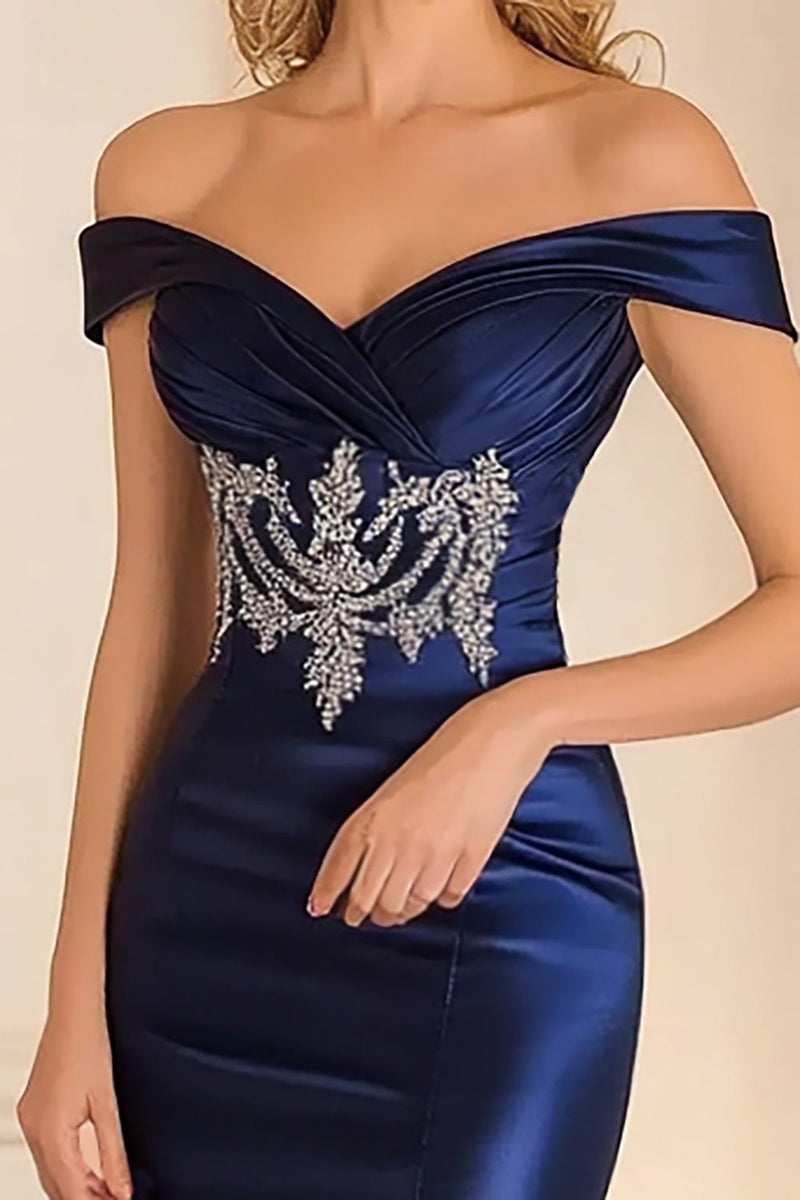 Load image into Gallery viewer, Elegant Navy Off the Shoulder Mermaid Satin Long Mother Of the Bride Dress with Embroidery