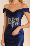 Elegant Navy Off the Shoulder Mermaid Satin Long Formal Dress with Embroidery