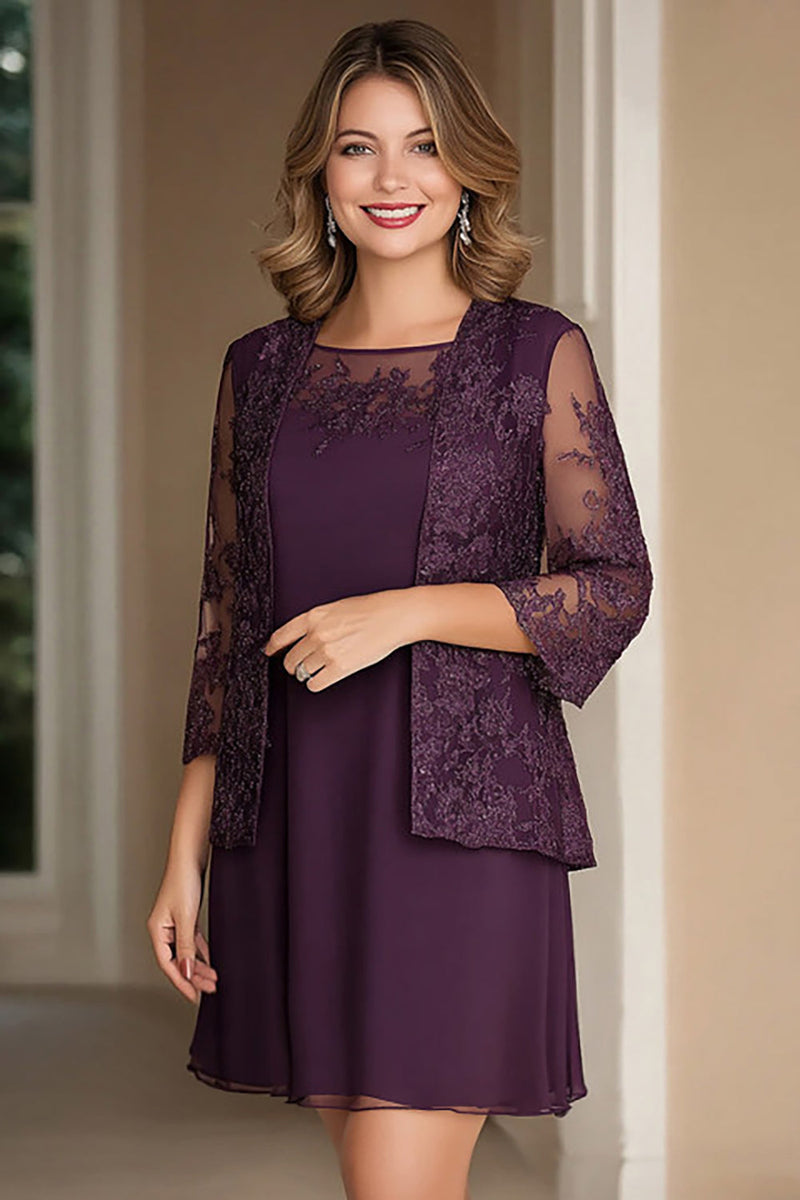 Load image into Gallery viewer, Elegant Plum Pencil Boat Neck Chiffon Long Mother Of the Bride Dress with Lace Appliques