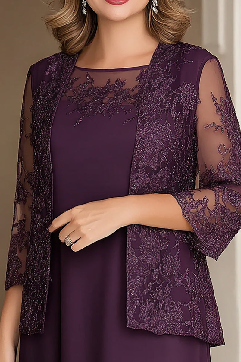 Load image into Gallery viewer, Elegant Plum Pencil Boat Neck Chiffon Long Mother Of the Bride Dress with Lace Appliques