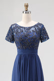 Navy A-Line Short Sleeves Long Chiffon Choir Dress with Beading