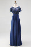 Navy Chiffon A Line Long Mother of the Bride Dress with Appliques