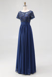 Navy Chiffon A Line Long Mother of the Bride Dress with Appliques