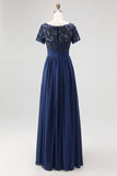 Navy A-Line Boat Neck Lace Appliques Chiffon Long Mother Of the Bride Dress with Short Sleeves